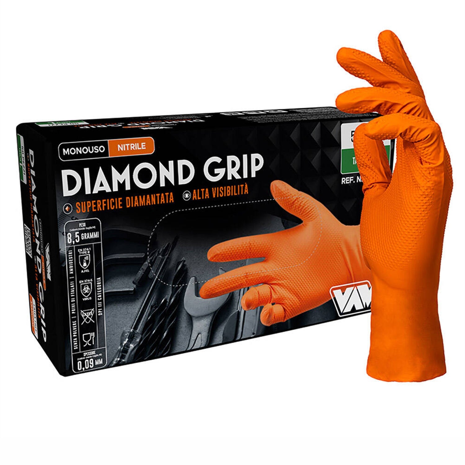 Guanti monouso in nitrile grip arancione pz.50 vam Diamond grip gr. 8,50