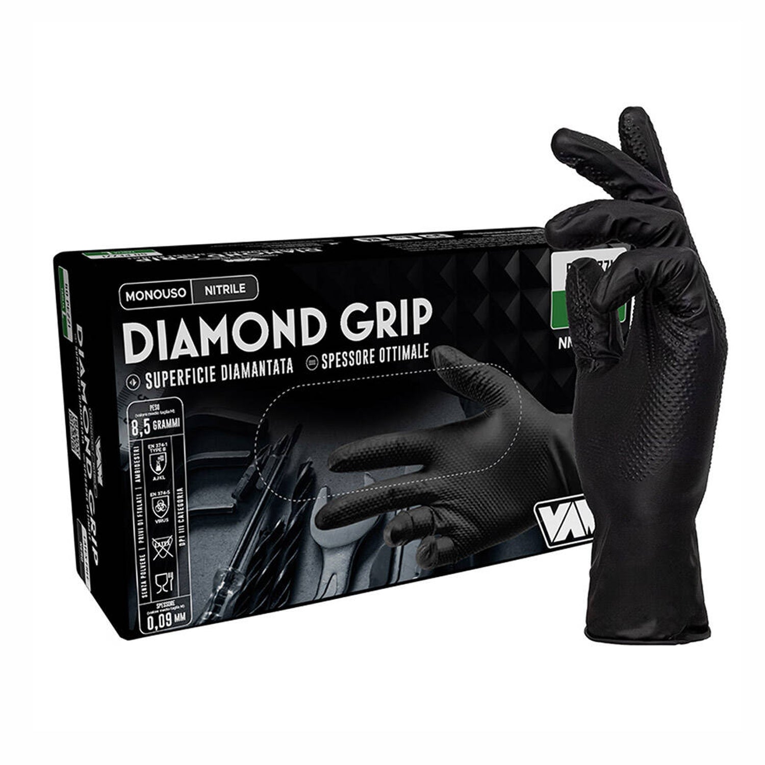 Guanti monouso in nitrile nero pz.50 vam Diamond grip gr. 8,50