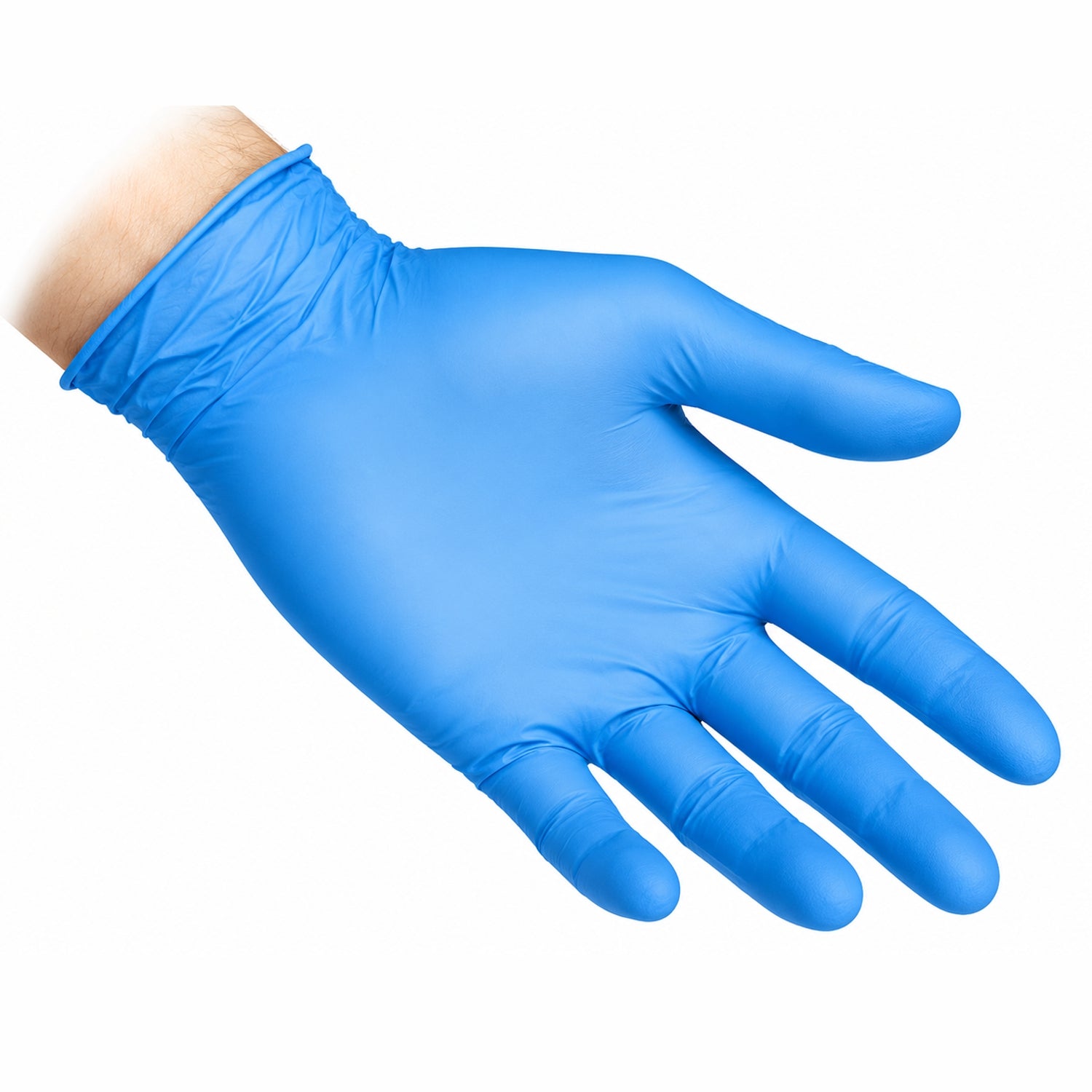 Guanto monouso in nitrile blu Reflexx N80 indossato su sfondo bianco