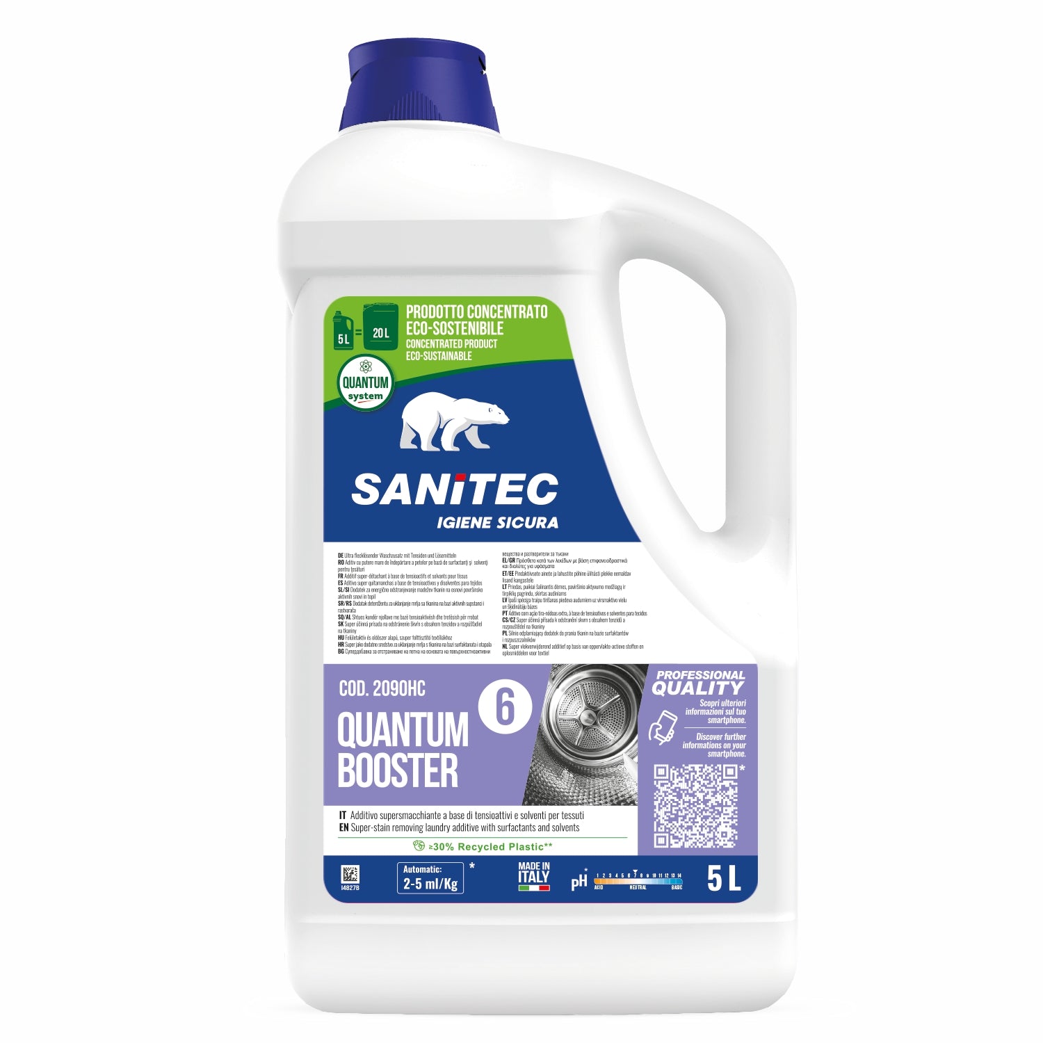 Quantum booster Additivo super smacchiante a base di tensioattivi e solventi per tessuti 5 litri sanitec 2090HC