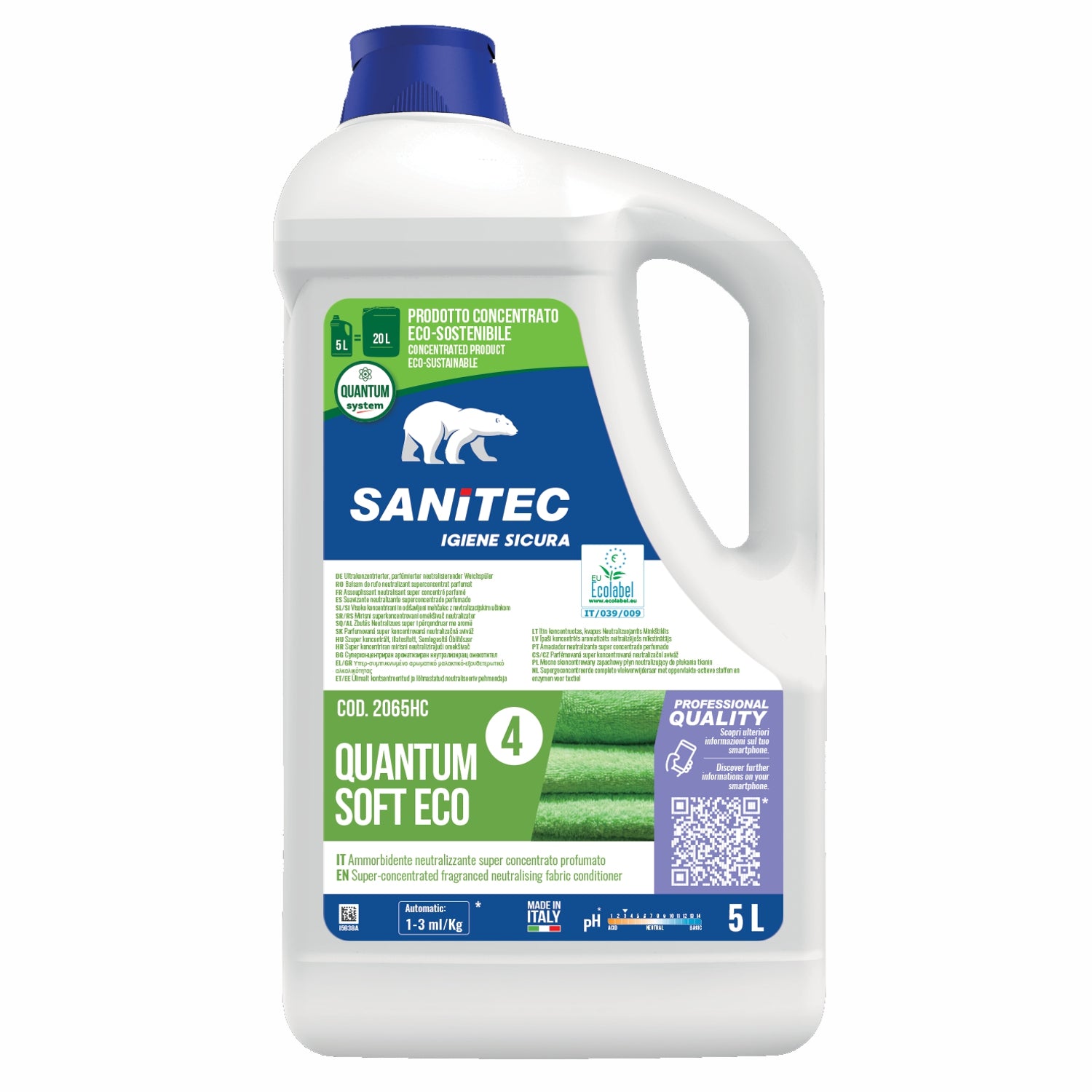 Quantum soft eco Ammorbidente neutralizzante super concentrato profumato con molecola elimina odore 5 litri sanitec 2065HC