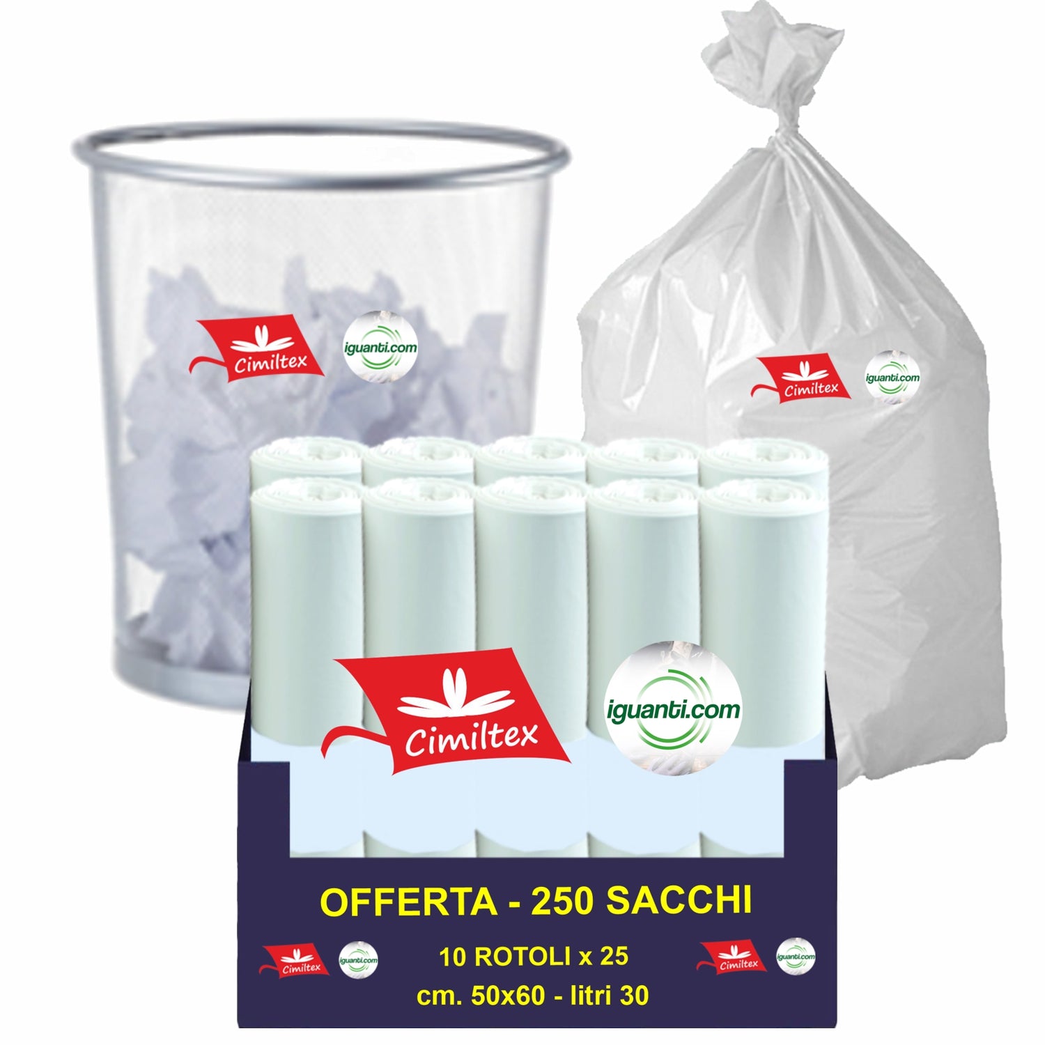 Sacco piccolo per cestino 30 litri 50x60 cm. colore bianco gr. 9 (rot. pz. 25)