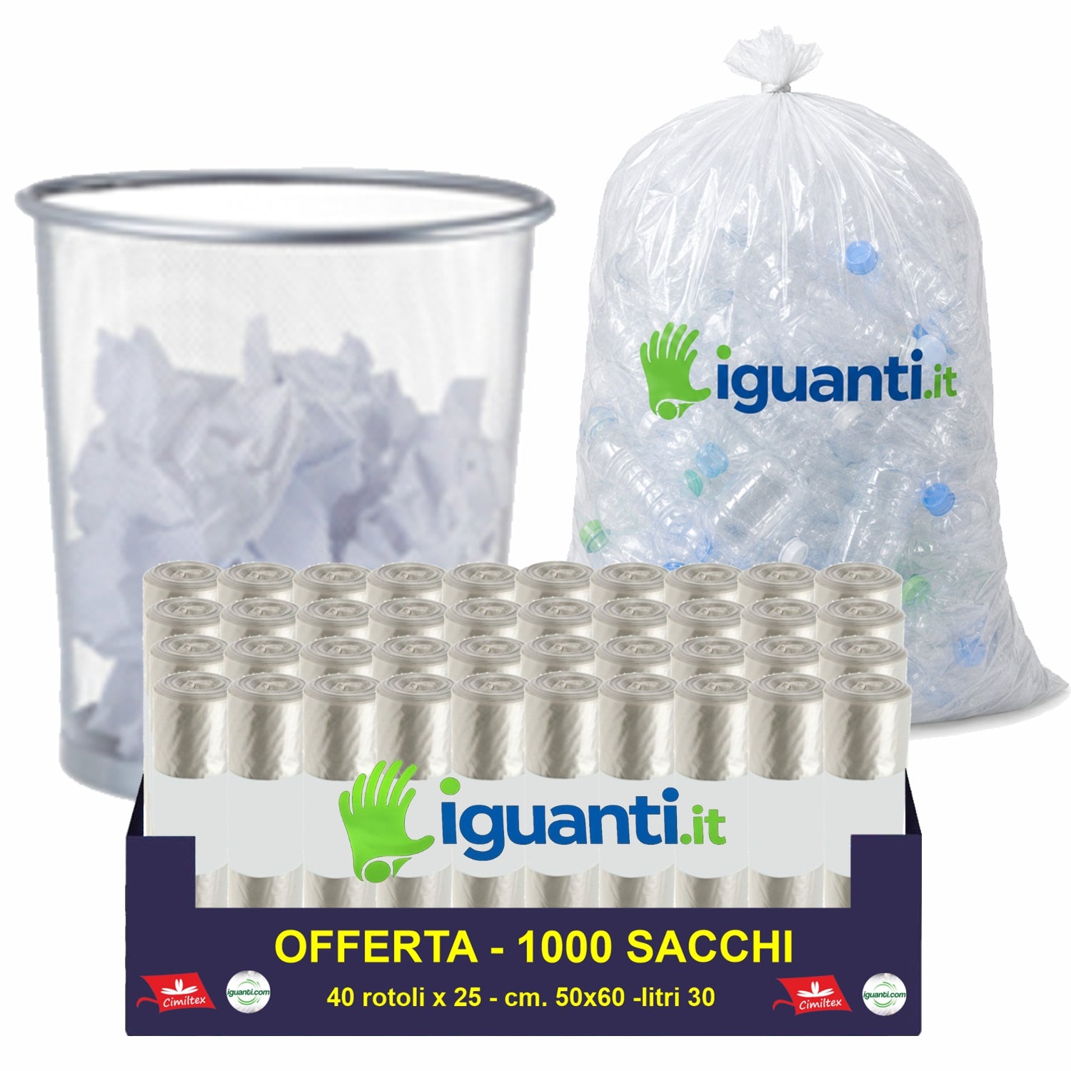 1000 Sacchi spazzatura 30 litri 50x60 cm. colore ambra trasparente gr. 9 (40 rotoli x 25)