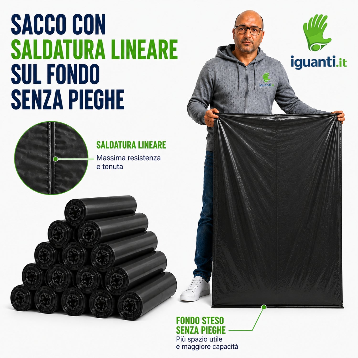 Sacco nero con saaldatura lineare sul fondo senza pieghe