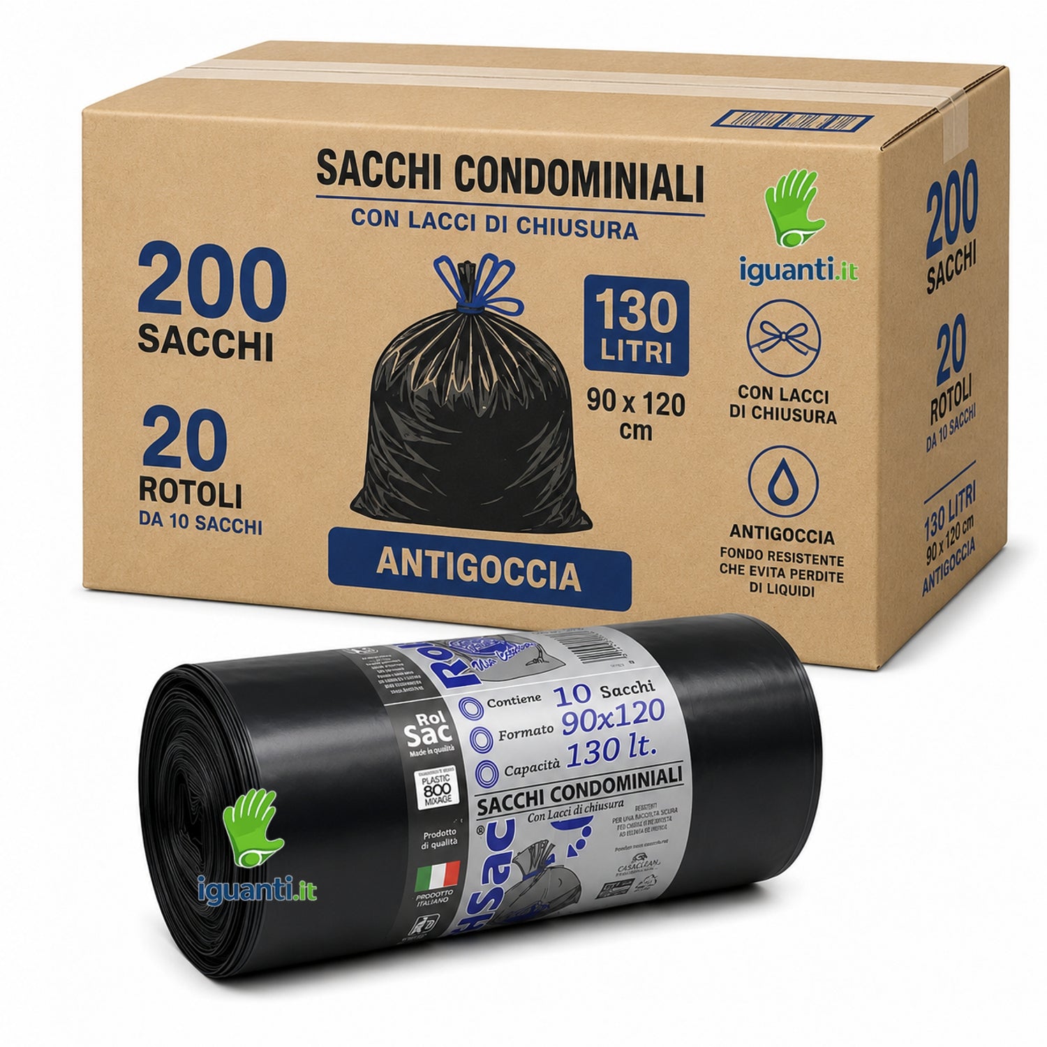 200 Sacchi 90x120 cm. Litri 130 colore Nero per Spazzatura  Uso Industriale resistenti