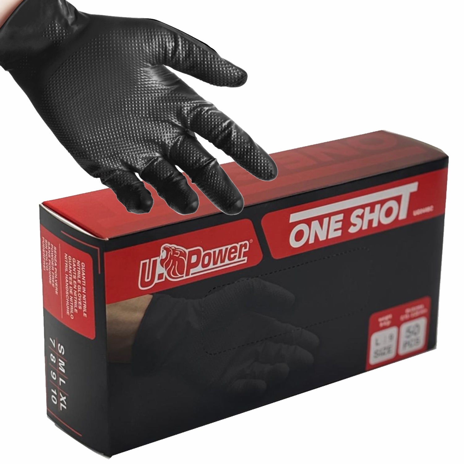 U-Power Guanti monouso one shot in nitrile grip colore nero pz.50 gr. 8,40