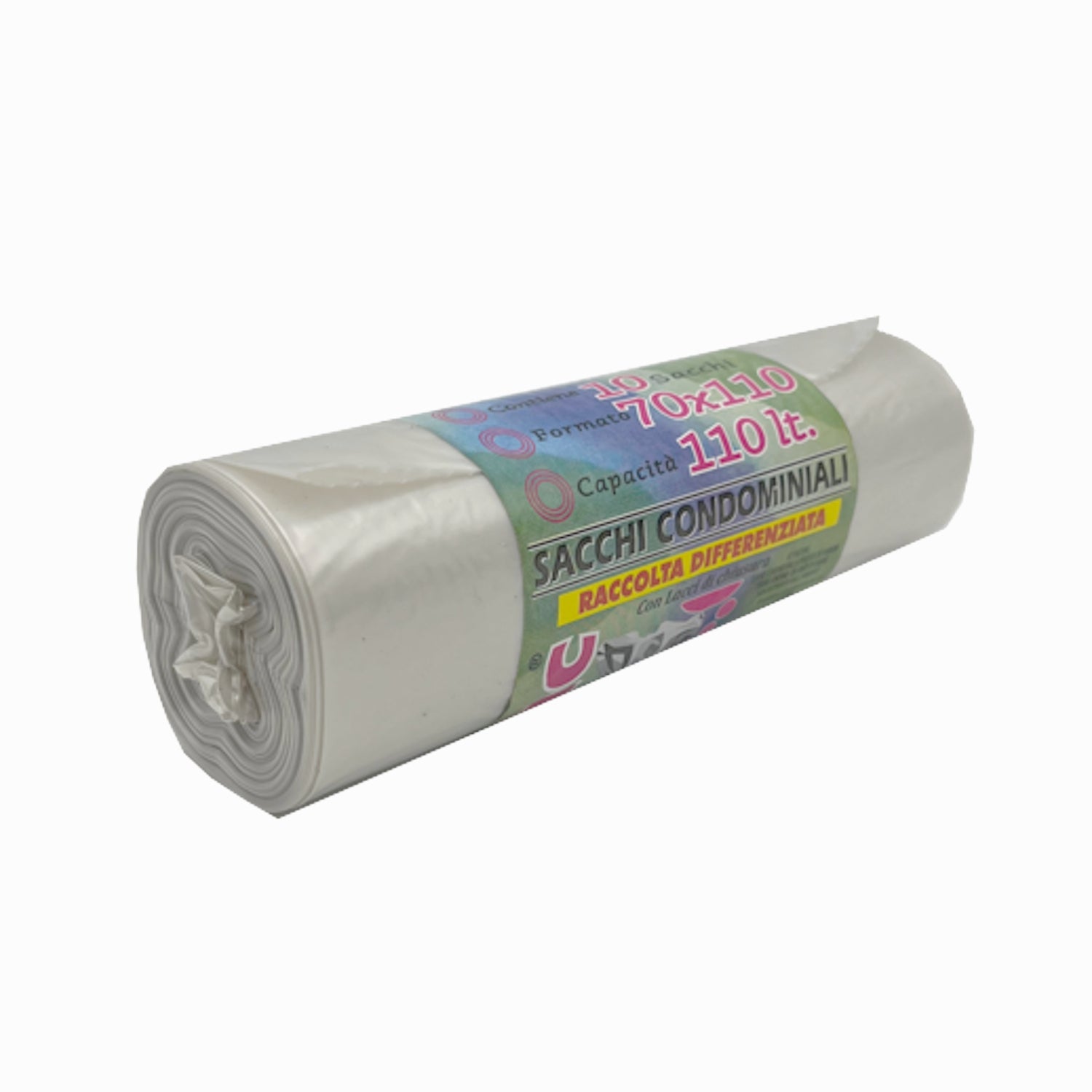 300 Sacchi 110 litri cm. 70x110 gr.32 condominiale spazzatura nettezza raccolta differenziata colore ambra trasparente 30 rotoli