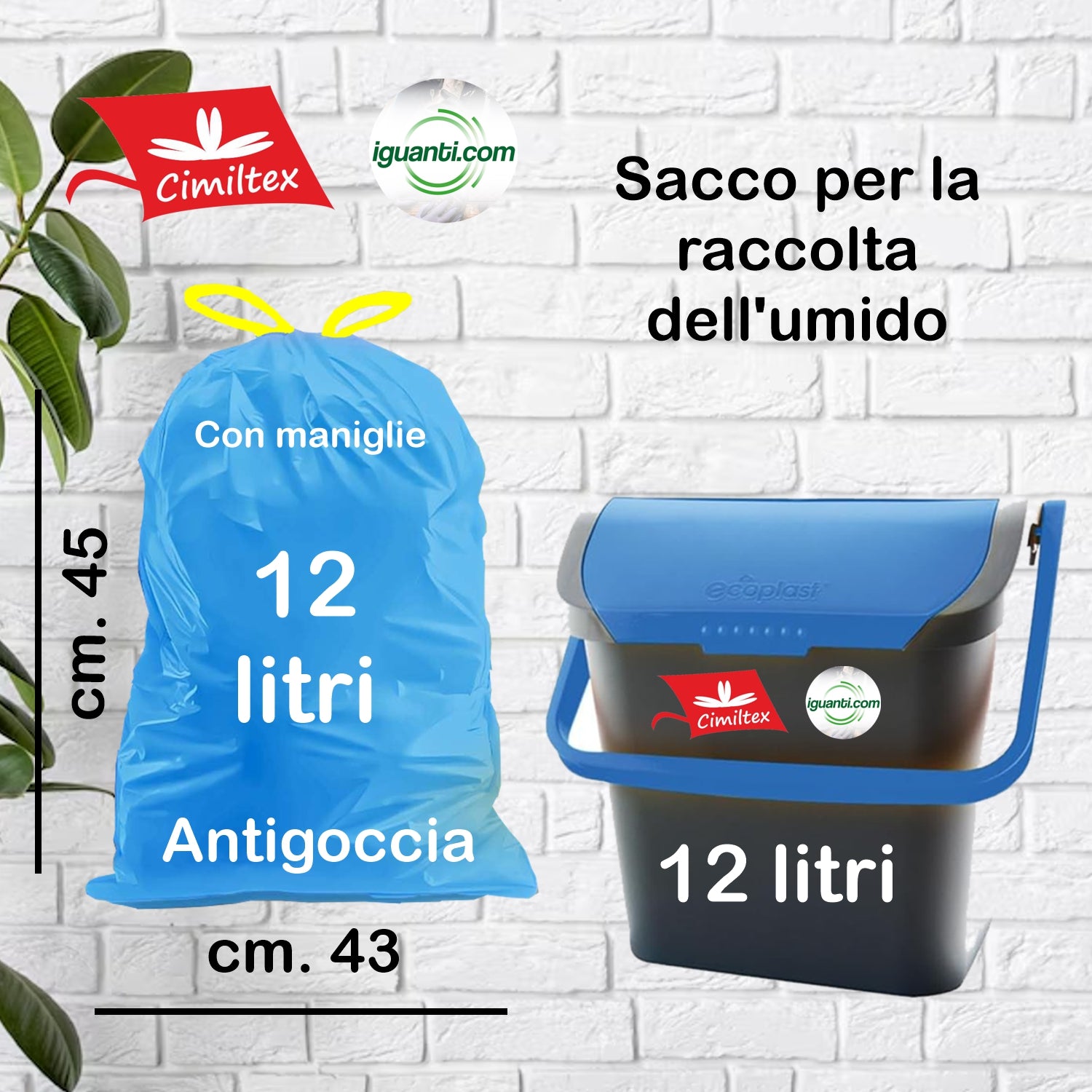 150 Sacchi Bio compostabile organico con maniglie cm.43x45 gr.8,5 pz.15 bianco litri 12